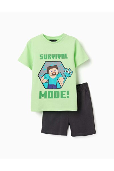 Ziddy Short Sleeve Cotton Pyjamas With Minecraft Print For Boys Green Grey