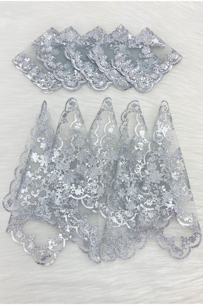 ZEYMERADE Gümüş Simli Gelin Damat Halay Mendili, Gri 5 Adet, Düğün Kına Sünne...
