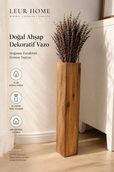 Leur Home Premium Ahşap Vazo Yapay Çiçek Vazosu Uzun Biblo 49 Cm
