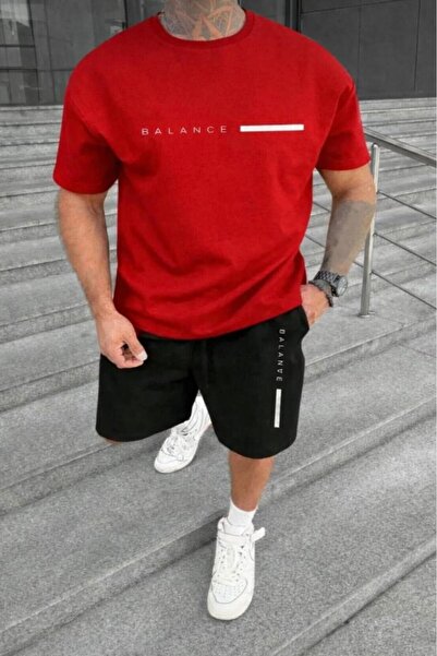 CAST COLLECTİON Men's Red Balance Printed Black Shorts T-Shirt Set