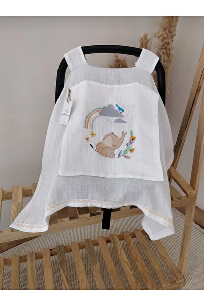 MAMARADUGA Single Stroller Cover Single Layer Muslin Embroidered Elephant Whi...