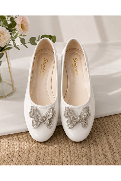 STOCON Crystal Sparkling White Patent Leather Butterfly Ballerinas with Cryst...