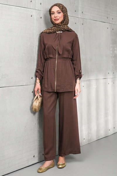 İmajButik Brown Elastic Waist Zippered Jacket and Trousers Set