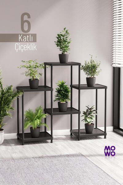 Mowo Home 6 Katlı Siyah Çiçeklik Saksılık Dekoratif Saksı Standı Balkon Teras...