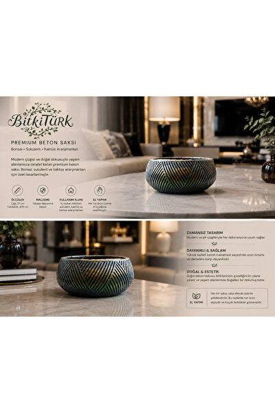 BitkiTÜRK 🌿 Desenli Beton Bonsai Saksısı – 21 cm Dekoratif Sukulent & Kaktüs...
