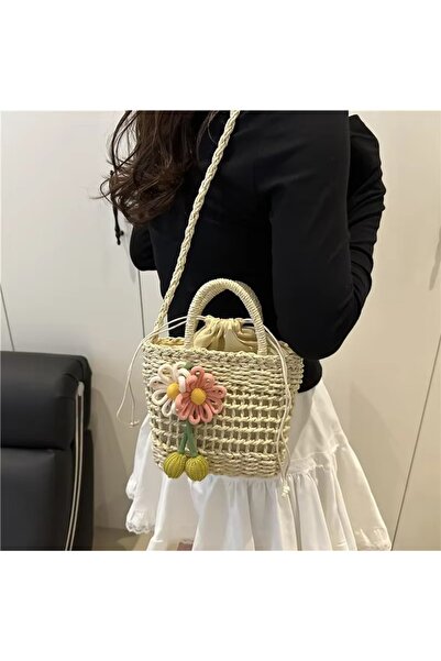 NEMESSİS Daisy Dream Hasırdan Askılı Kova Papatya Desenli Çanta 16X8X15