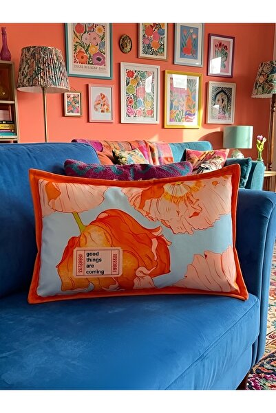 RahanDesign Orange Floral Patterned Double-Sided Decorative Suede Throw Pillo...