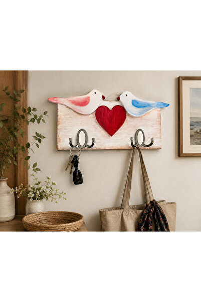 ELSA Sevgi Kuşları Ahşap Askılık – El Yapımı Dekoratif Duvar Askısı (33x18 cm)