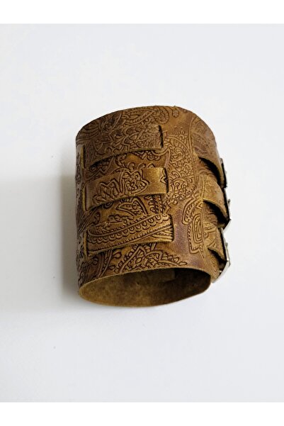 aysefe Genuine Leather, Cashmere Printed, 3-Belt Wide Ottoman Yeniçeri Bracelet