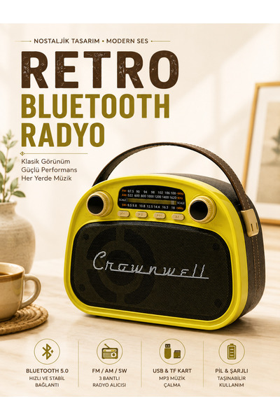 KOLAYEV Crownwell Retro Bluetooth Radyo Taşınabilir FM AM SW USB TF Kart Dest...