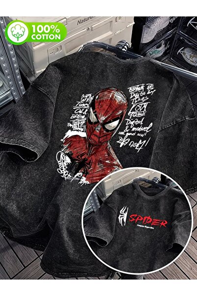 Le Savu Retro Spider Printed Unisex Washable Vintage Oversize T-Shirt