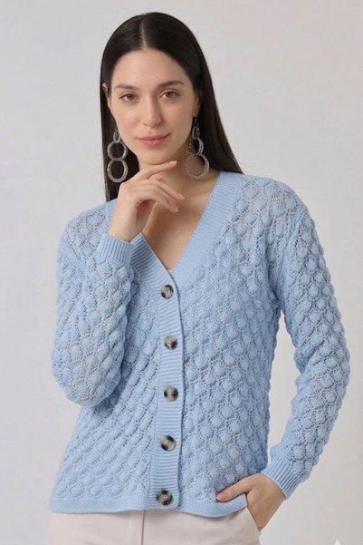 Devinka Women's Blue Openwork Buttoned Seasonal Knitwear Cardigan