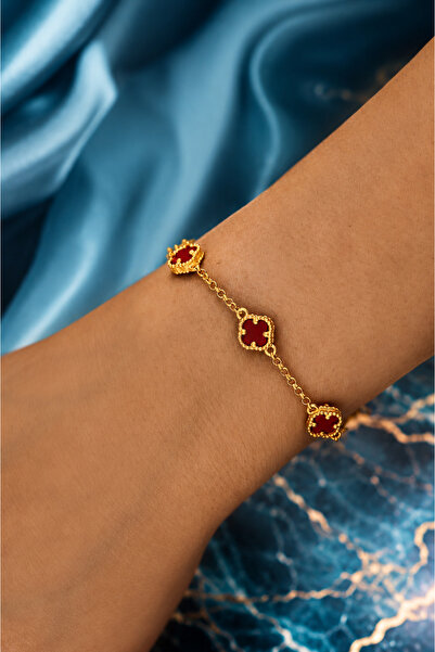 Silveranka 925 Ayar Gümüş Bordo Taşlı Yonca Bileklik