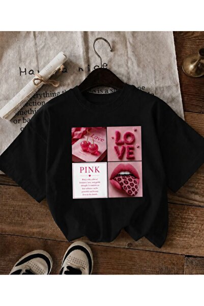 LELVANİ Γυναικείο μπλουζάκι με στάμπα LOVE PINK LIPS και λαιμόκοψη ποδηλάτου