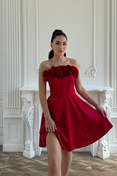 Sindimoda Blanca Straplez Gül Detay Mini Elbise 1101