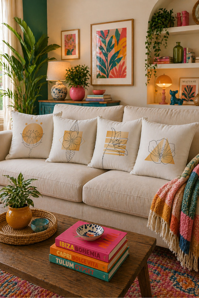 LadiesHome Minimal Linear Floral Patterned 4-Piece Throw Pillow Cover Set 43X...