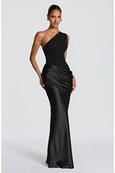 D'RECCY Women's One-Shoulder Waist-Accentuated Long Stylish Evening Dress