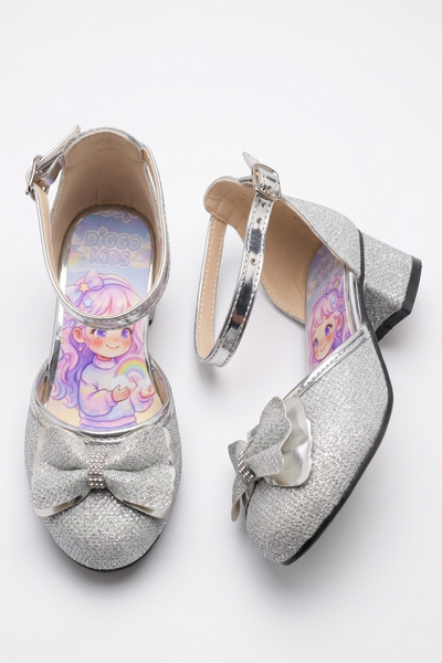 DİGGO KİDS Silver Glitter Bowknot Printed Inside Girls' Evening Dress Shoes