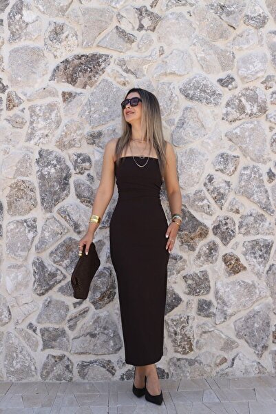 bytugcekaya Coffee Lycra Strapless Midi Dress