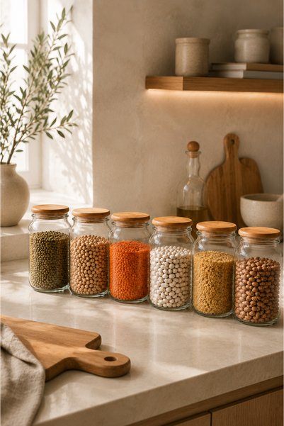 Countra Set of 6 Glass Jars with Wooden Lids Kitchen Storage Jars 1000 Cc