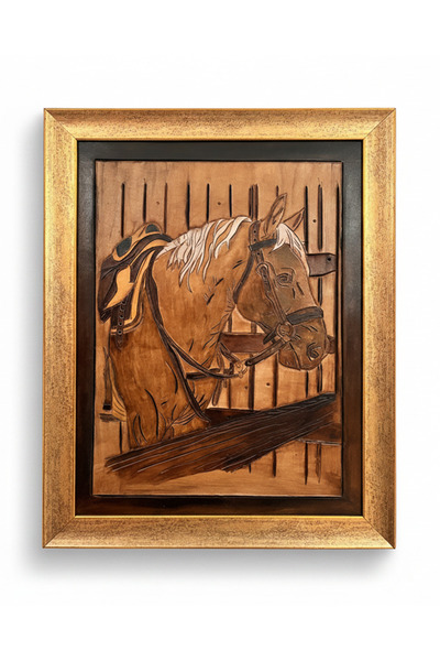 Taşhan Çarşı El Yapımı Hakiki Deri Dövme At Tablosu - 53x41 cm Kahve ve Taba ...