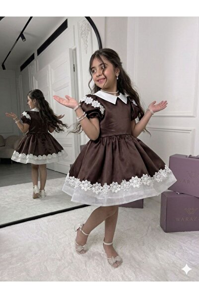 Pyramid masterpieces Girl's Brown Dress with Short Sleeves and White Circular...