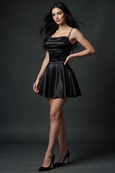 Köstebek Black Satin Dress with Rope Straps and Draped Body