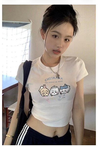 Köstebek Chiikawa''You Should Be Happy'' Y2K Short Sleeve Crop Blouse