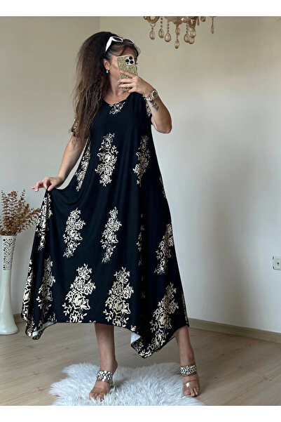 AZRA BUTİK Ethnic Pattern Dress with Crossed Hem