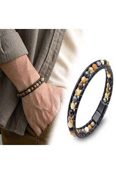 Generic Brand 💎   Premium 6mm Yemen Agate Leather Cord and Steel Bracelet 31...