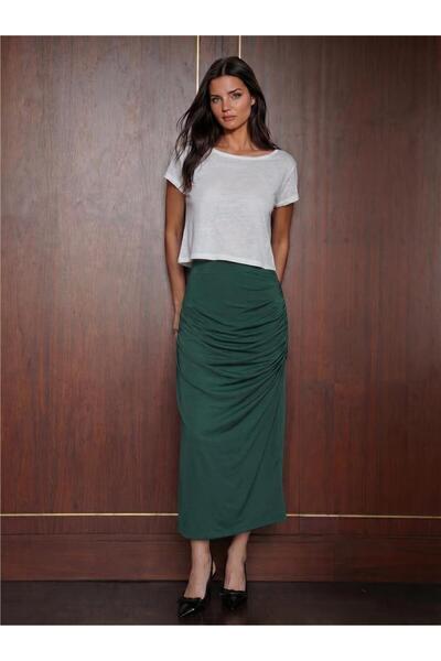 WeShaya Emerald Green Stretchy Fabric High Waist Gathered Below Knee Midi Skirt