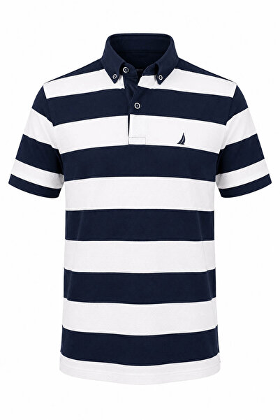 trender 457 Kot Yaka Ringel Mavi - Beyaz Erkek Polo Yaka T-shirt 26YK37000017