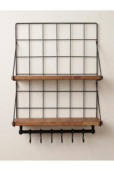 Home Çift Ahşap Raflı Metal Duvar Rafı 6 Kancalı Mutfak & Banyo Organizer 60*...