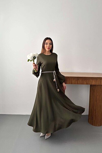 Caddebostan Moda Women's Balloon Sleeve Rope Belted Long Dress Maxi Length El...