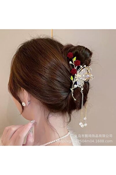 Glamluxe Women's Gold Metal Hanging Pearl Detailed Red Velvet Rose Clasp - St...