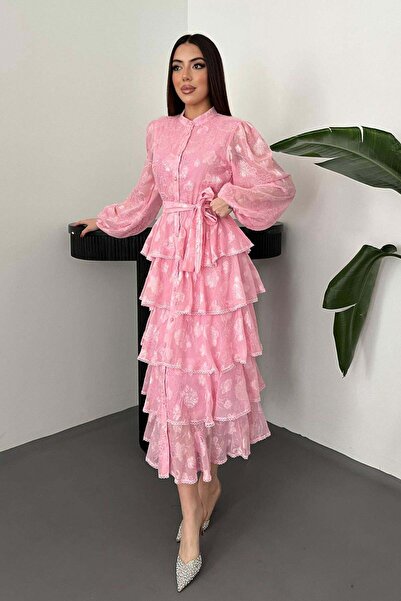 Caddebostan Moda Women's Embroidered Jacquard Fabric Layered Flounce Belted M...
