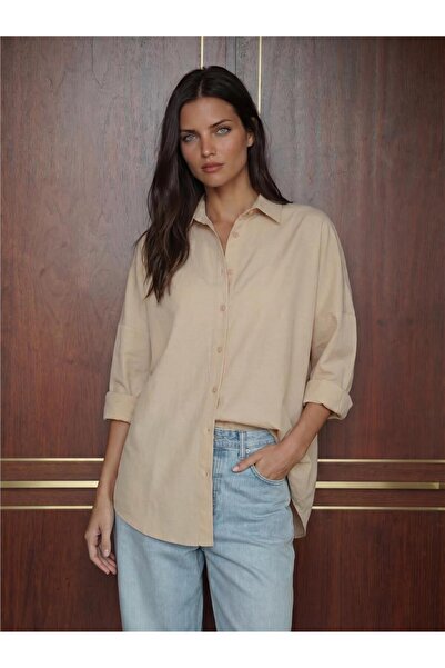 WeShaya Beige Cotton Polyester Blend Buttoned Oversize Long Sleeve Cuffed Bas...