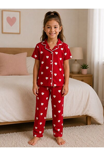 byalisdmr Girls' Pajama Set Summer Milan Fabric Heart Pattern with Bow Detail...