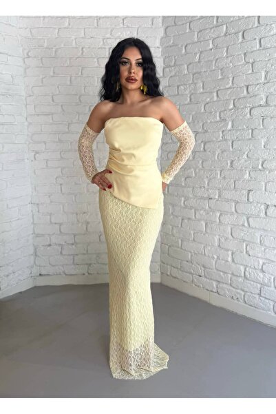 moneta boutique Rochie de damă din dantelă cu mănuși și corset detaliat