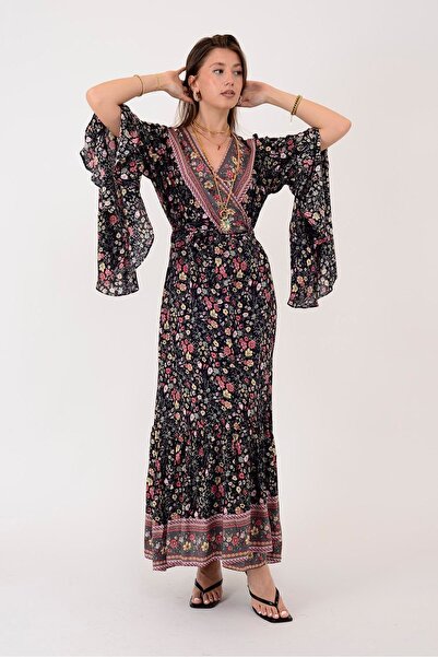 Hazinedan Rochie autentică de damă, cu model de flori, cu guler dublu și cord...