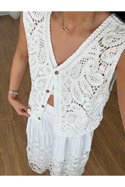SEVA TEKSTİL Lace Embroidered Sequin Detailed Knitted Back Vest