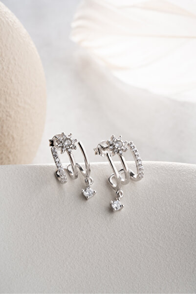 Silvano Jewelry 925 Ayar Gümüş Çiçekli Üçlü Model Özel Tasarım Küpe