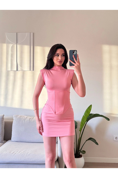Zoom Butik Vatkalı Bel Korse Elbise - PUDRA