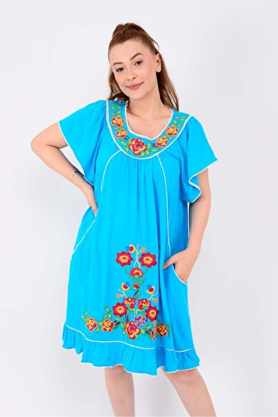 Marjinal Rochie de vară verde, cu croială lejeră, brodată cu flori, pentru femei