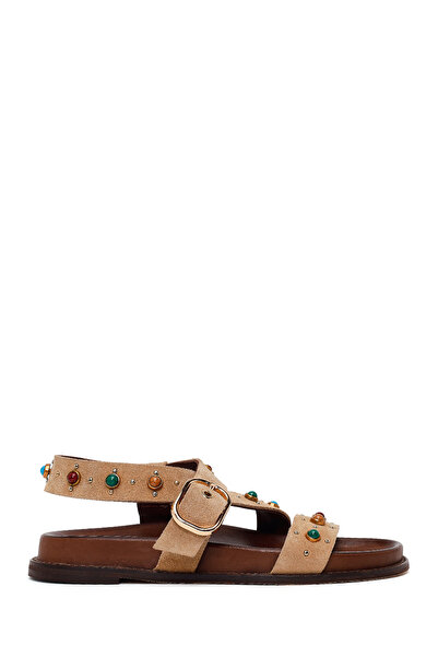 Derimod Women's Beige Buckle-Stoned Suede Leather Sandals 26Sfd551010