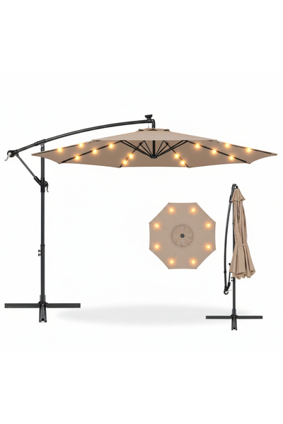 FOTOFUN Ηλιακή Ομπρέλα Κήπου LED 10 ποδών (305 εκ.), 24 LED, 8 Ακτίνες, Αδιάβ...