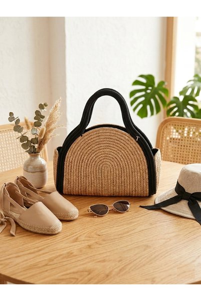 ANKAMOR Women's Light Brown, Black Handle Summer Woven Handbag - Stylish and ...