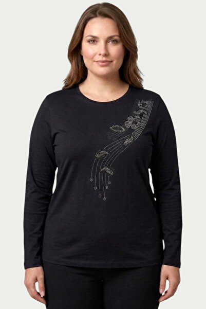 hadiora Women's Black Stone Detailed Long Sleeve Combed Cotton Blouse
