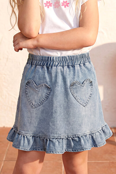 Minipodyum Girl's Skirt Summer Style Heart Patterned with Pockets and Ruffle ...