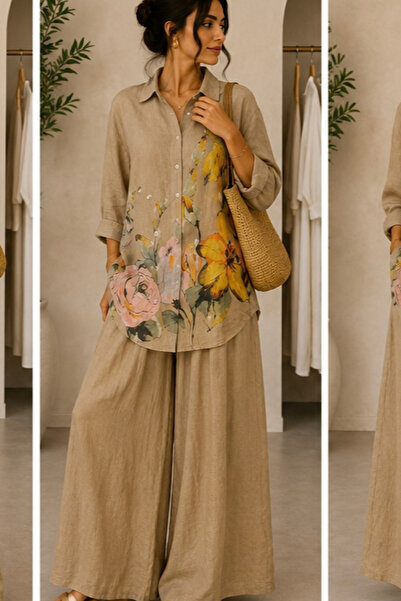 Marjinal Women's Floral Patterned 100% Linen Double Set